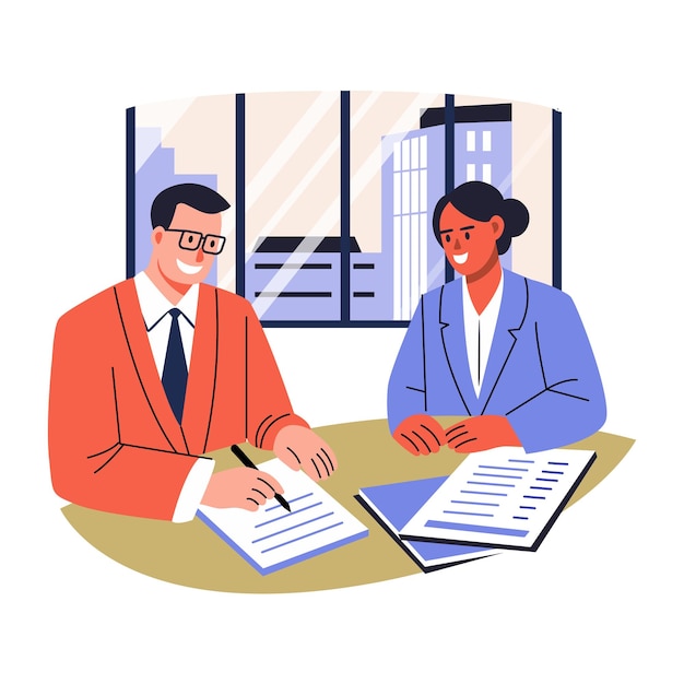 Een platte illustratie van de ondertekening van een contract door een cliënt
