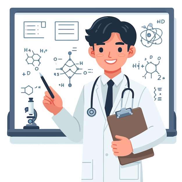 Een platte illustratie van een Europese dokter met stethoscoop in de ziekenhuiskamer in minimalistische stijl