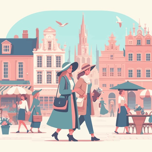 een platte illustratie van een Europese vrouw die de oude stad bezoekt