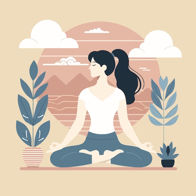 Een platte illustratie van een Europese vrouw die yoga doet