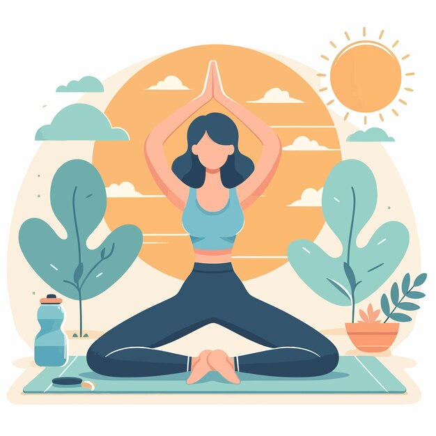 Een platte illustratie van een Europese vrouw die yoga doet