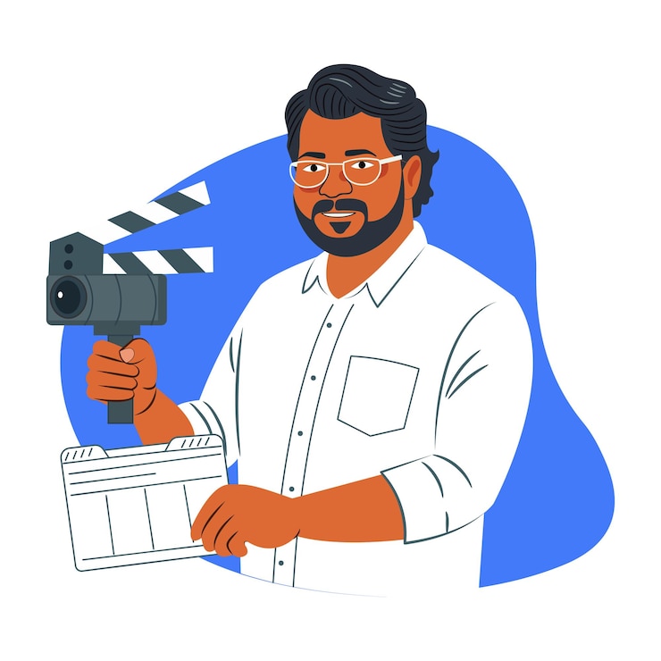 Vector een platte illustratie van een filmregisseur die een camera vasthoudt