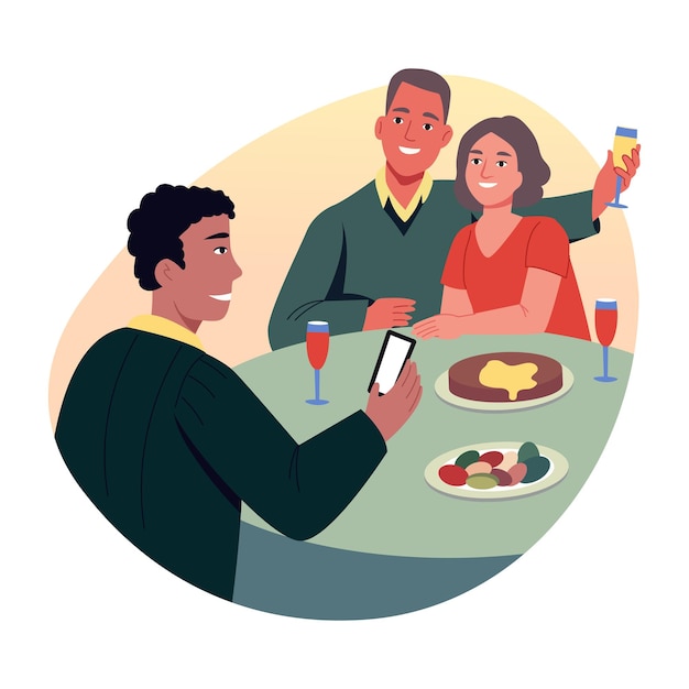 Een platte illustratie van een gezinsdiner