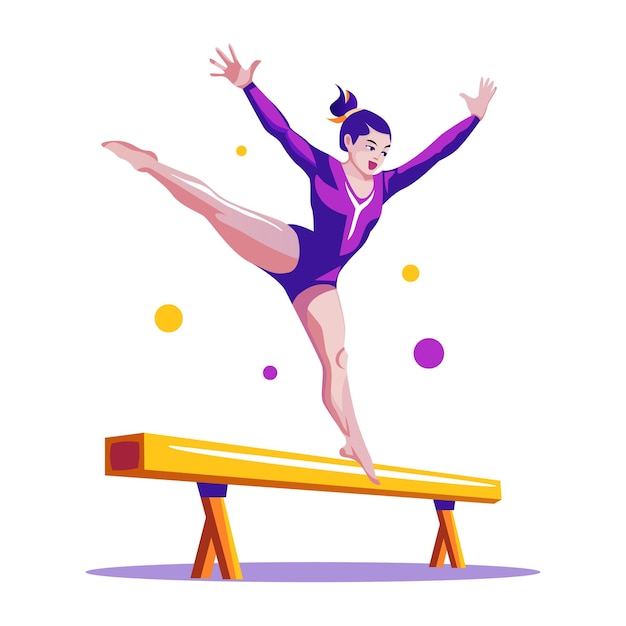 Een platte illustratie van een gymnast die evenwicht houdt op een houten boomstam