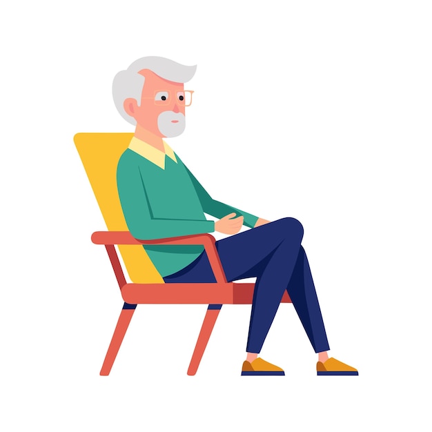 een platte illustratie van een oude man die in een stoel zit
