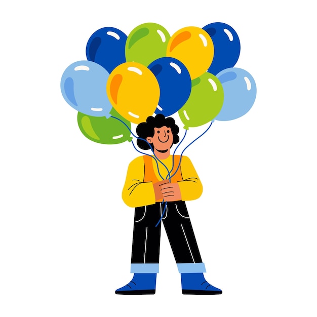 Een platte illustratie van een persoon die feestballonnen draagt
