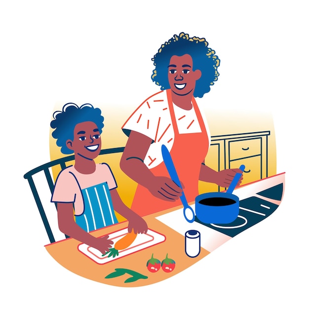 Een platte sticker van een kind dat met zijn moeder in de keuken kookt.