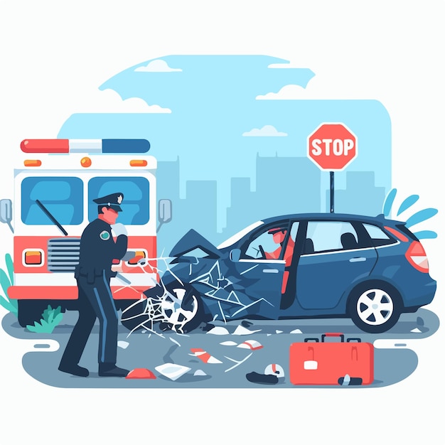 Een politieagent staat naast een auto die een ongeluk heeft gehad.