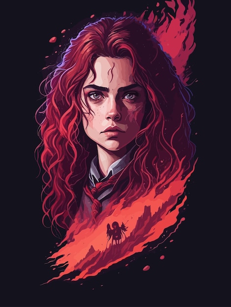 Een portret van een jonge vrouw met lang krullend haar en een rood shirt met de woorden harry potter erop.