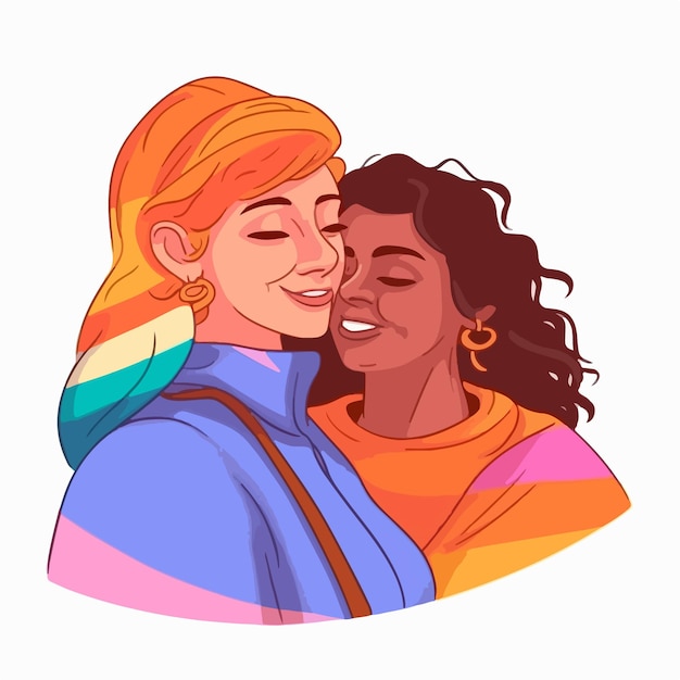 Vector een portret van een lesbisch stel met een regenboogvlag het concept van lgbtq illustratie van een stel
