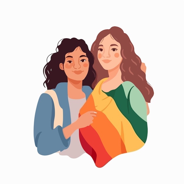 Een portret van een lesbisch stel met een regenboogvlag Het concept van LGBTQ Illustratie van een stel