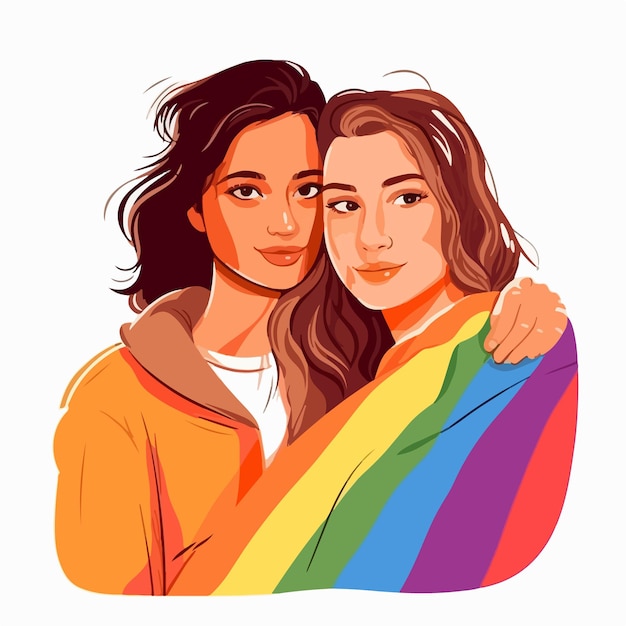 Een portret van een lesbisch stel met een regenboogvlag Het concept van LGBTQ