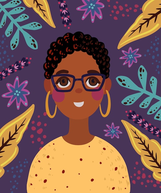 Een portret van een meisje met een bril en een geel shirt op een bloemenachtergrond