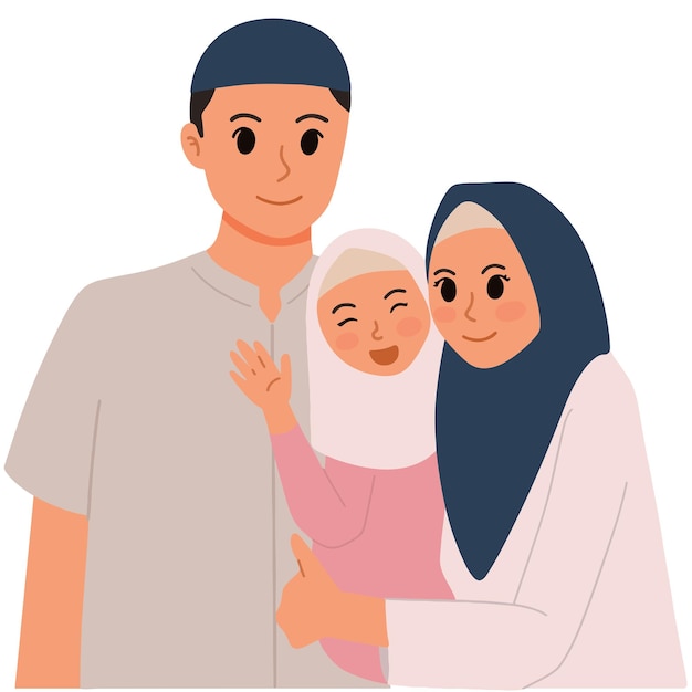 Een portret van een moslimfamilie met hijab-moeder en dochter en vader met een pet-illustratie