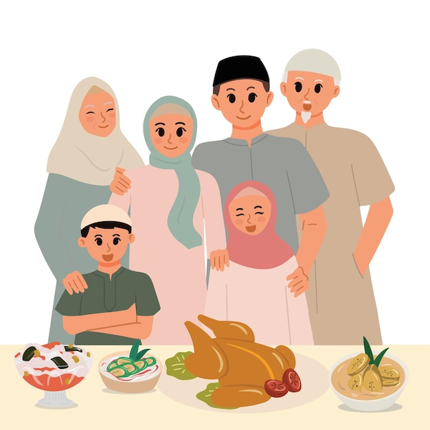 Een portret van een moslimfamilie met ramadan-eten op de tafelillustratie
