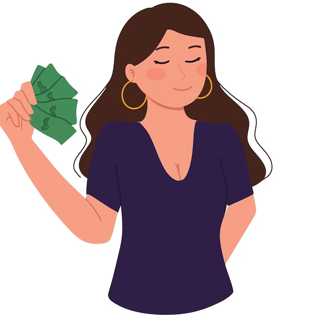 Vector een portret van een tevreden vrouw die veel geld in haar hand houdt illustratie