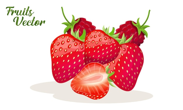 Een poster met een afbeelding van aardbeien en een groen label met de tekst "fruit".