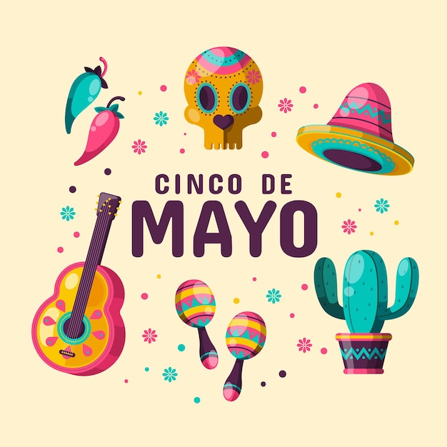 een poster met een afbeelding van een Mexicaanse hoed en een foto van een schedel en andere items