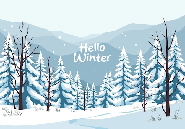 een poster met een besneeuwde berg op de achtergrond en hello winter tekst