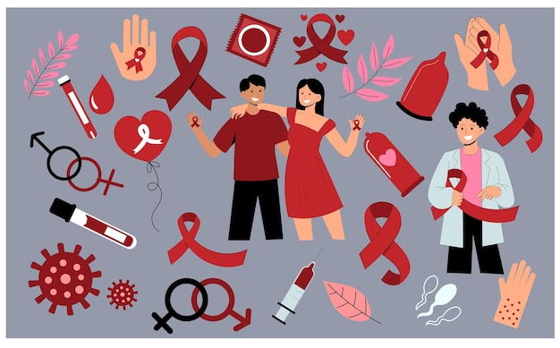 een poster met een man en vrouw met een rood lint en een vrouw met een Rood lint erop