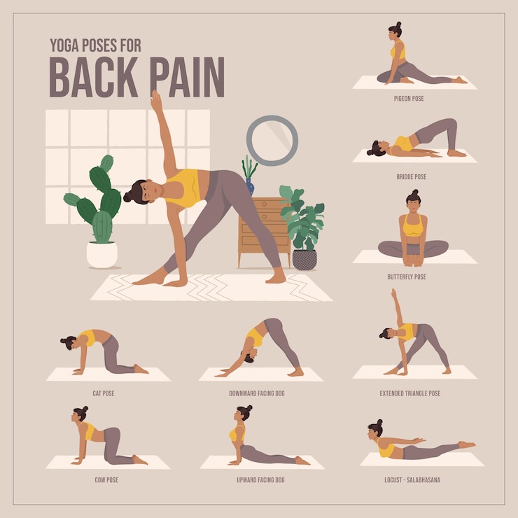 Vector een poster van een vrouw die yoga-oefeningen doet voor rugpijn.