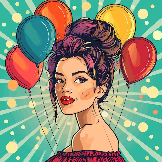 Vector een poster van een vrouw met ballonnen en een foto van een vrouw met rode lippen
