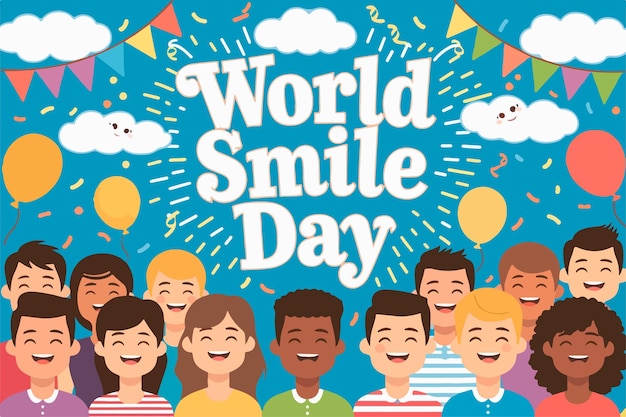 een poster van een wereld glimlach dag dag met wolken op de achtergrond