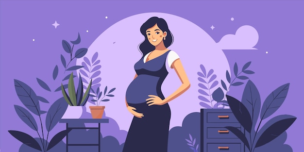 een poster van een zwangere vrouw in een paarse kamer met planten en bloemen