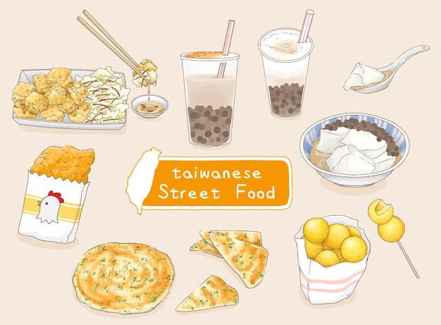 Vector een poster van streetfood met de woorden taiwan streetfood erop.