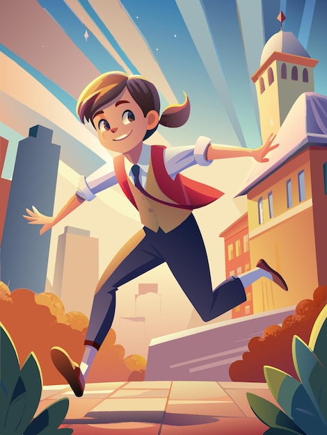 een poster voor een cartoon personage met een cartoon karakter die voor een gebouw loopt