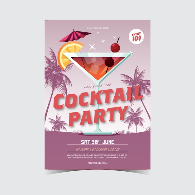 Een poster voor een cocktailparty met een cocktail erop