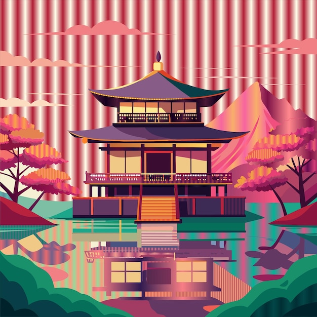 een poster voor een Japanse tempel met een rood-wit gestreepte achtergrond