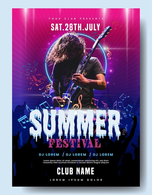 een poster voor een muziekfestival met een man die gitaar speelt