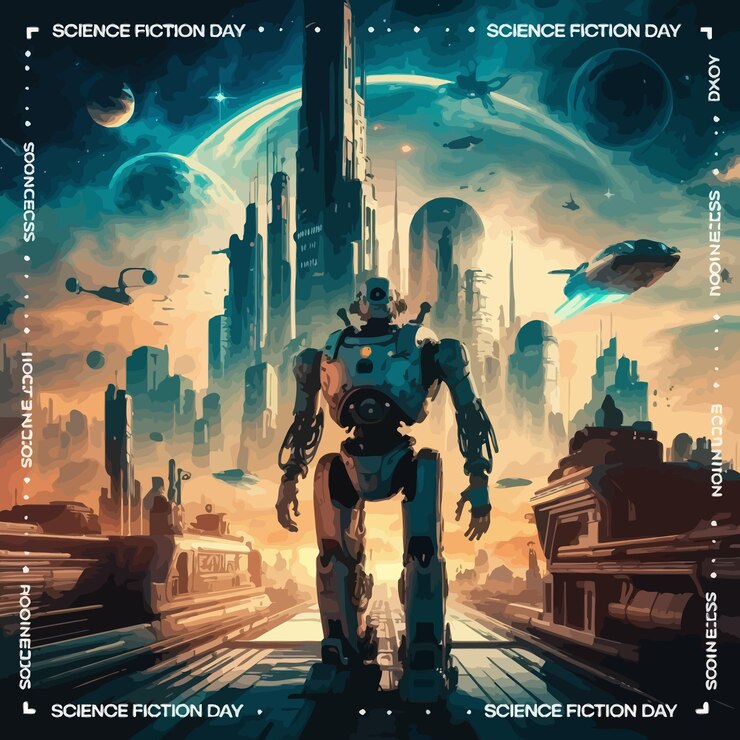 Vector een poster voor een science fiction film met een robot op de cover
