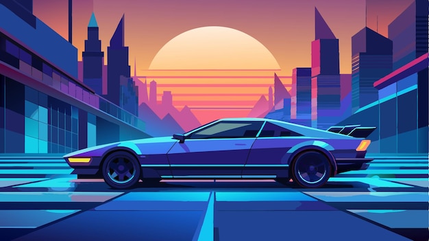 een poster voor een sportwagen met de stad op de achtergrond