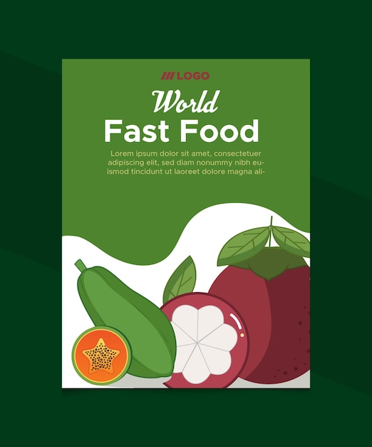 Een poster voor fastfood in de wereld met groenten en fruit.