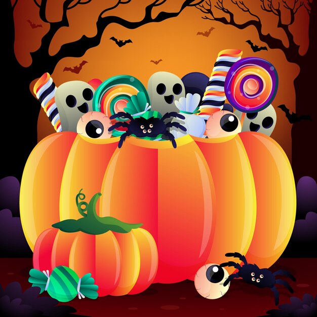 een poster voor halloween met een pompoen en een zwart-wit skelet erop