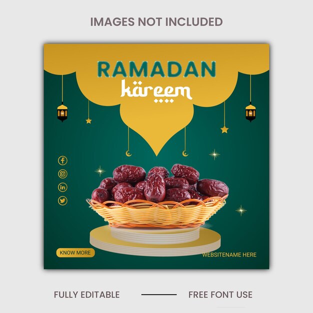 Een poster voor Ramadan kiwi met een bakje dadels erop