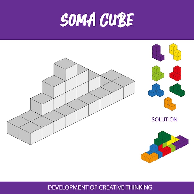 Een poster voor soma cube toont een kubus en oplossing.