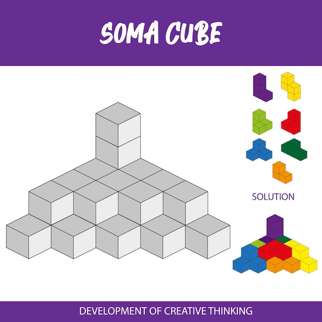 Vector een poster voor soma cube toont een kubus en oplossing.