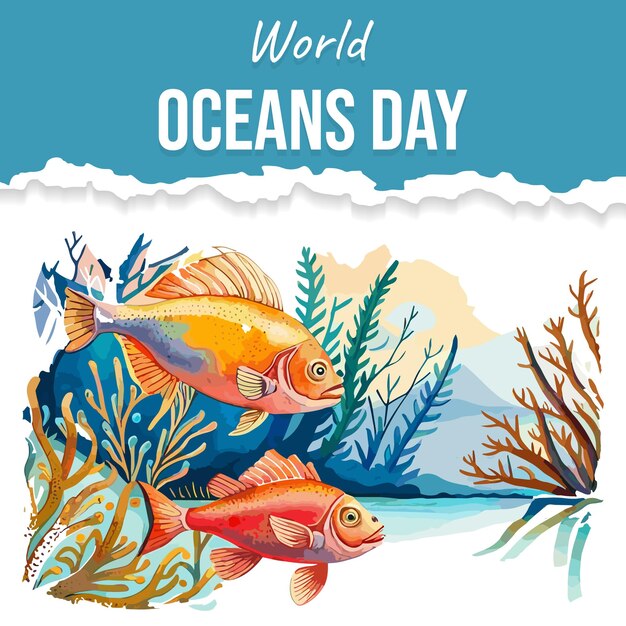 Een poster voor wereld oceanen dag met een vis en algen.