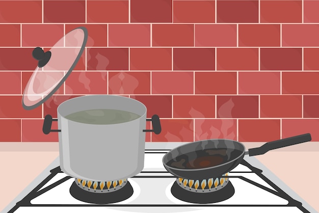 Een pot kokend water op een gasfornuis met een koekenpan in de keuken