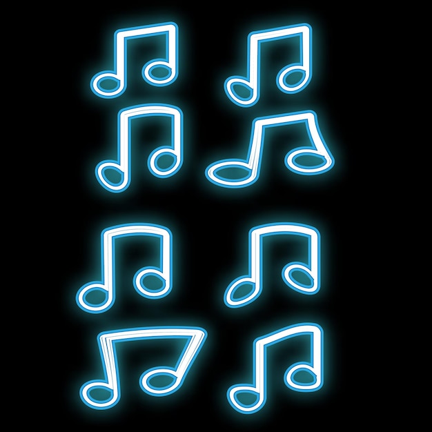 Een prachtig abstract neon helder gloeiend pictogram een uithangbord van een reeks noten muzikale breisels