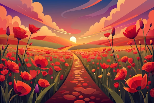 Vector een prachtig veld van rode bloemen met een pad dat er doorheen leidt.