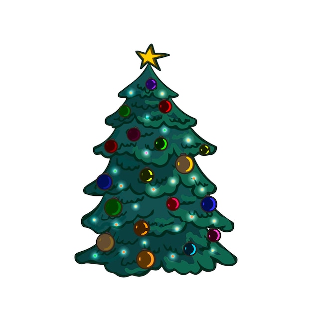 Een prachtige kerstboom versierd met glanzend speelgoed en slingers. Vector briefkaart.