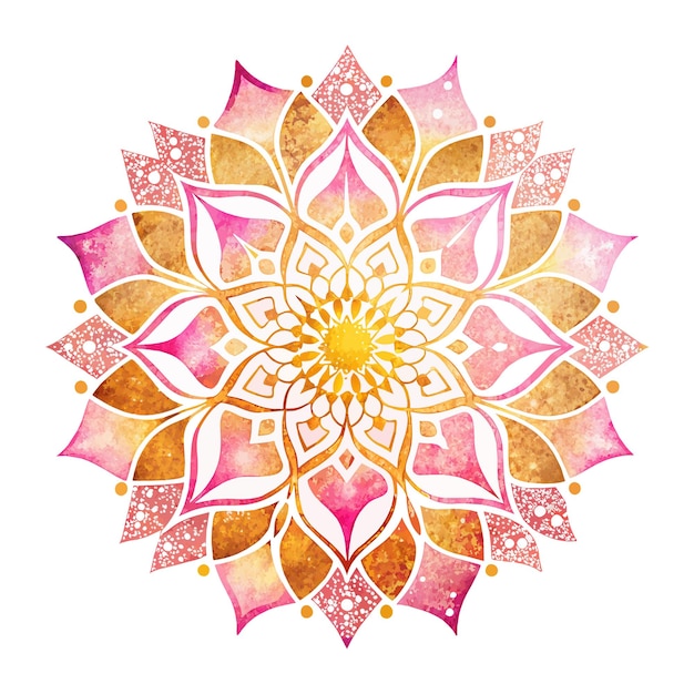 Een prachtige roze Mandala met gouden accenten de bloem is omringd door goud en roze wervelingen geven het een gevoel van elegantie en gratie de gouden accents voegen een vleugje luxe toe