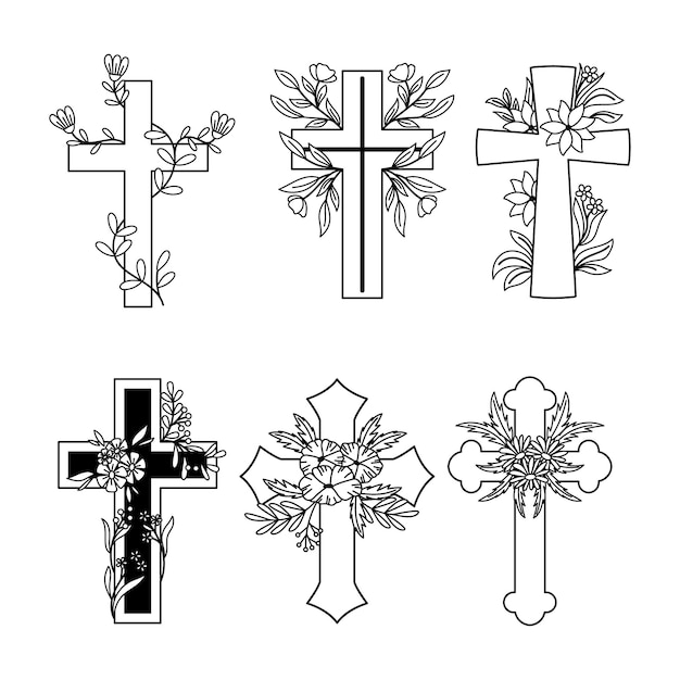 Vector een prachtige verzameling monochrome christelijke kruisen versierd met ingewikkelde bloemmotieven die een harmonieuze mix van spiritualiteit en natuur creëren in elke pictogramvectorillustratie