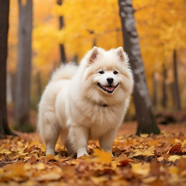 Een prachtige witte Samoyed hond in het herfstbos