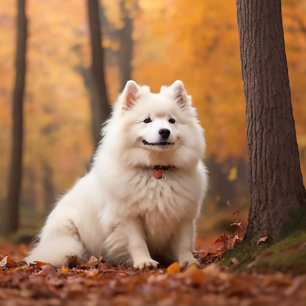 Een prachtige witte Samoyed hond in het herfstbos