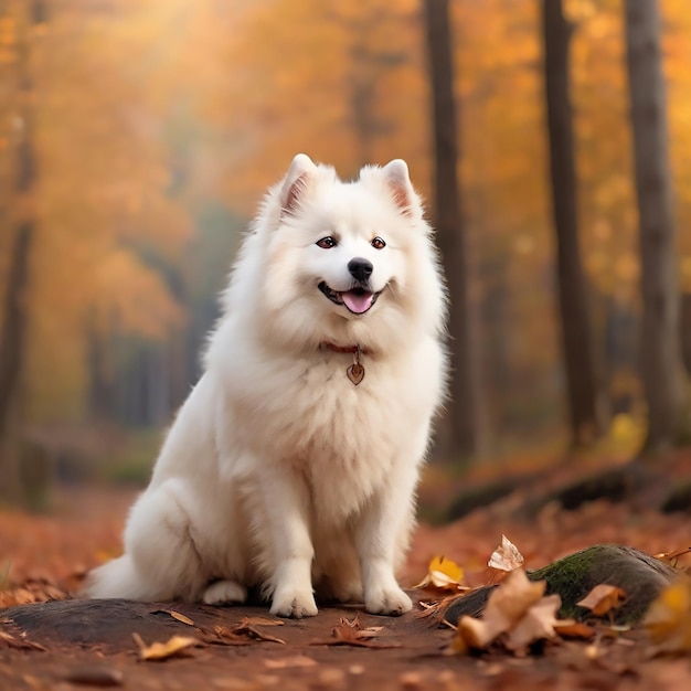 Een prachtige witte Samoyed hond in het herfstbos